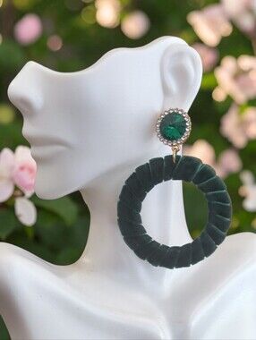 Emerald Green Velvet Hoop Drop Earrings
